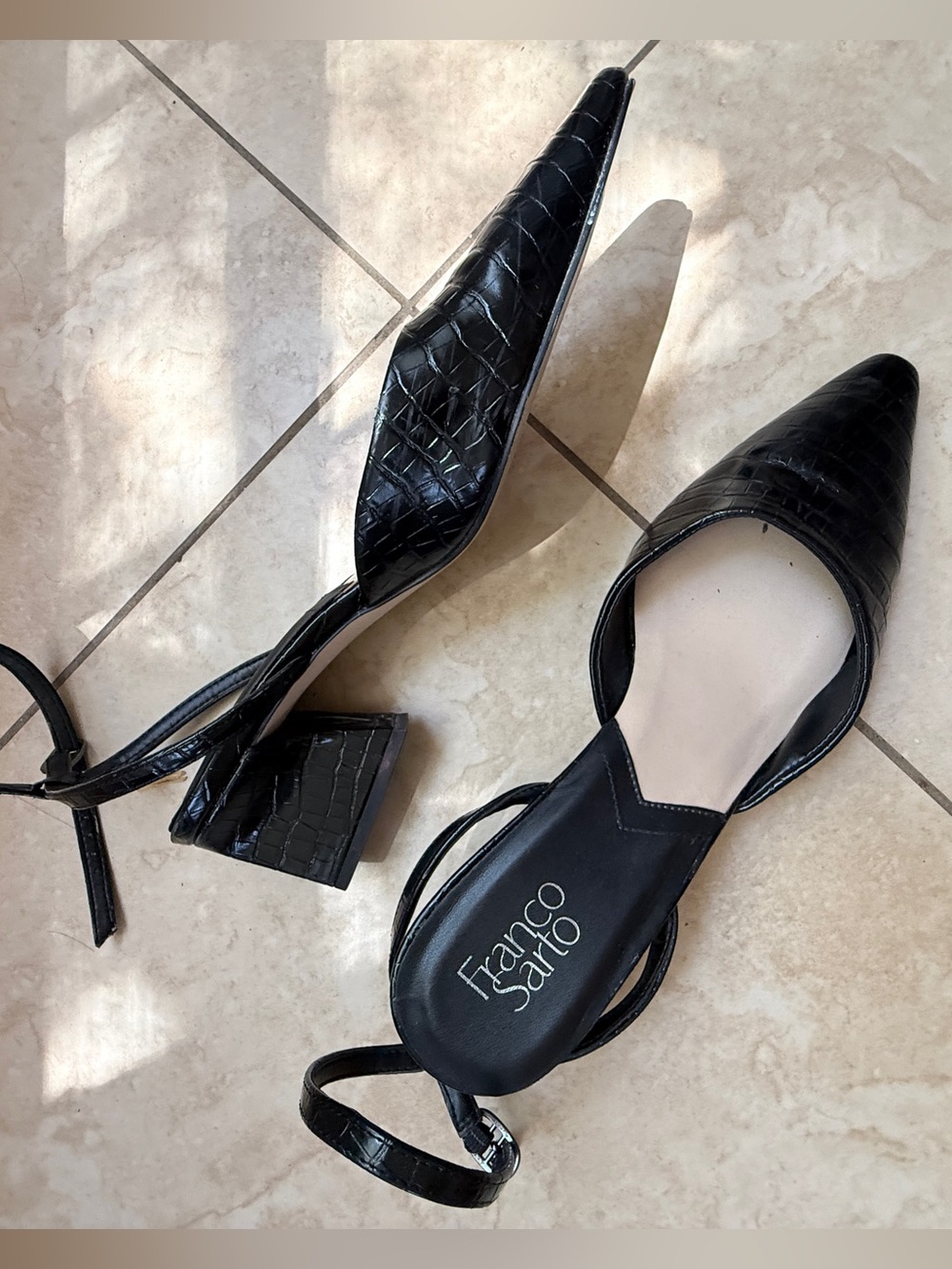 Franco Sarto Black Croc-Embossed Ankle Strap Heels